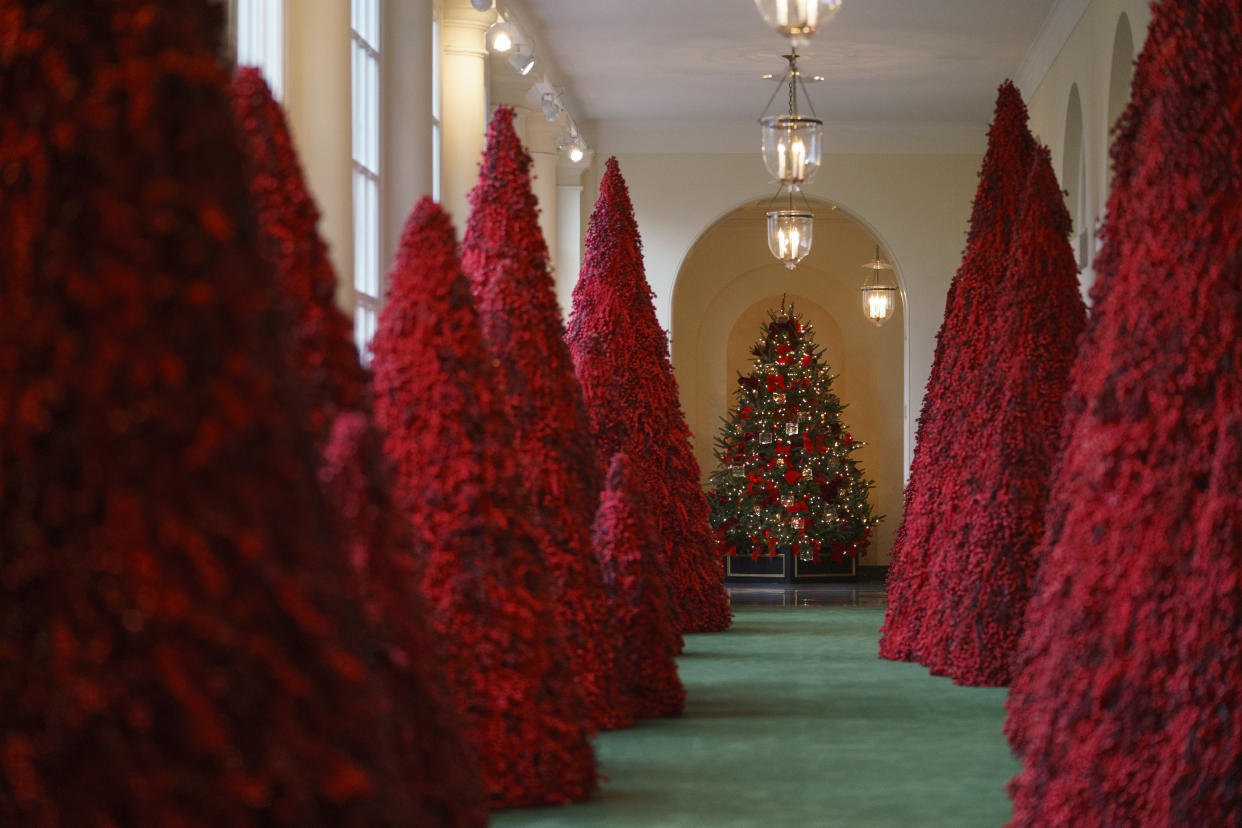 Topiary trees line the East colonnade during the 2018 Christmas Press Preview at the White House in Washington, Monday, Nov. 26, 2018. (Photo: Carolyn Kaster/AP)
