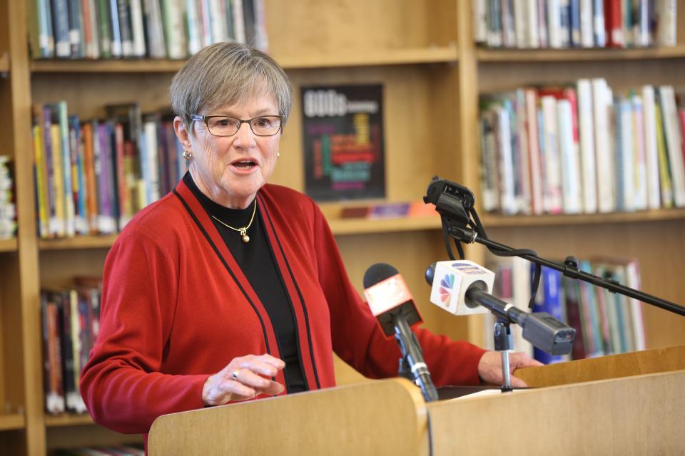 Gov. Laura Kelly talks about education funding in Kansas prior to ceremonially signing the K-12 education budget at Seaman Middle School on Aug. 30.