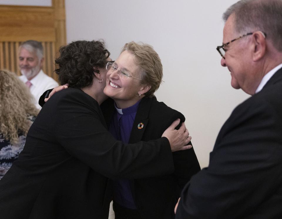 The Rev. Marian Edmonds-Allen, executive director of Parity, a New York City-based nonprofit that works at the intersection of faith and LGBTQ+ concerns, and the director of Blessed by Difference, a project that seeks to promote curious and collaborative bridging across the LGBTQ+ and faith divide, is greeted at the International Religious Freedoms Summit at the Relief Society building located on Temple Square in Salt Lake City on Wednesday, Aug. 23, 2023. | Laura Seitz, Deseret News