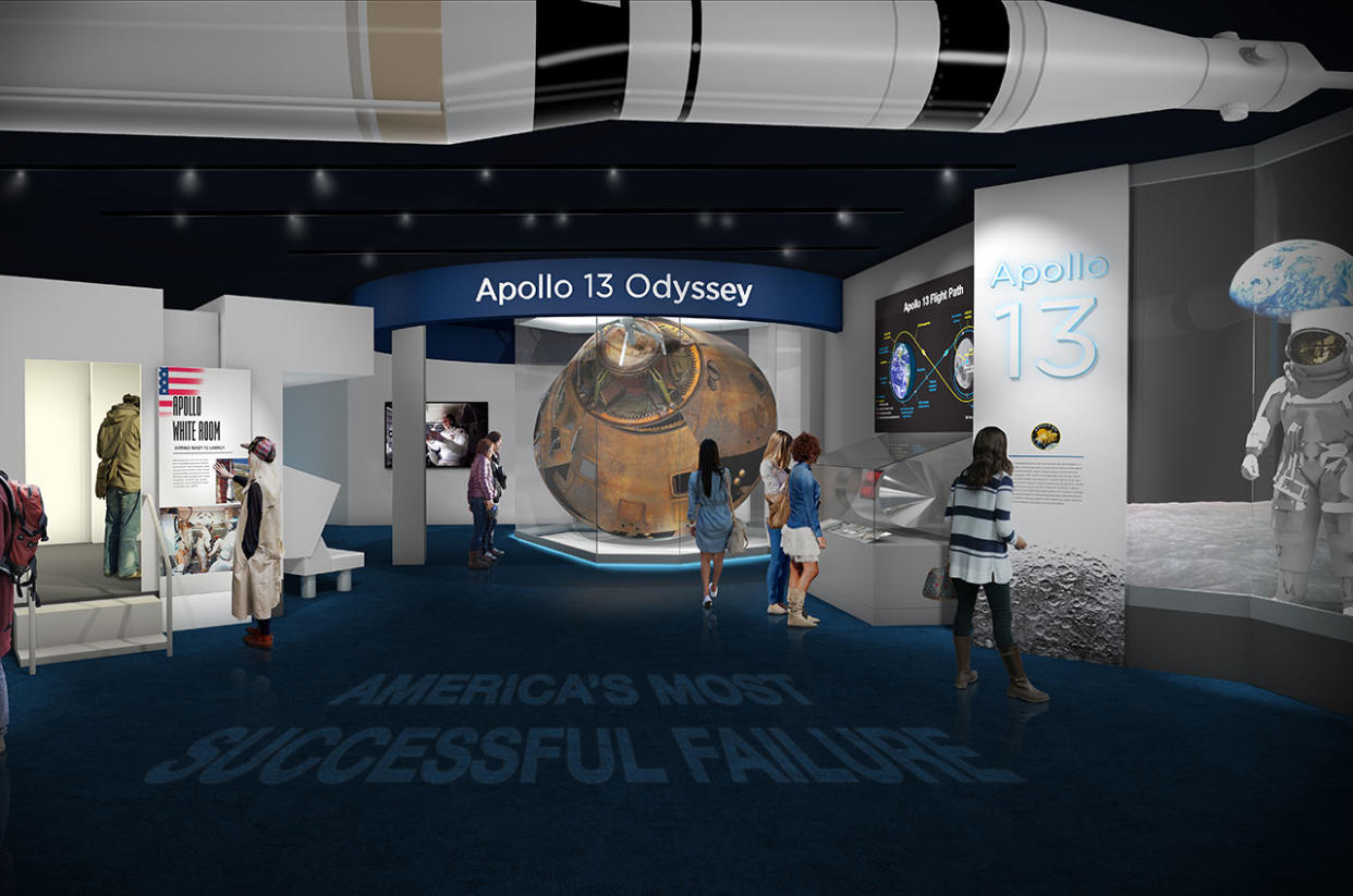  Artist's rendering of a room inside a spaceflight museum, showing people looking at artifacts from the apollo 13 mission. 