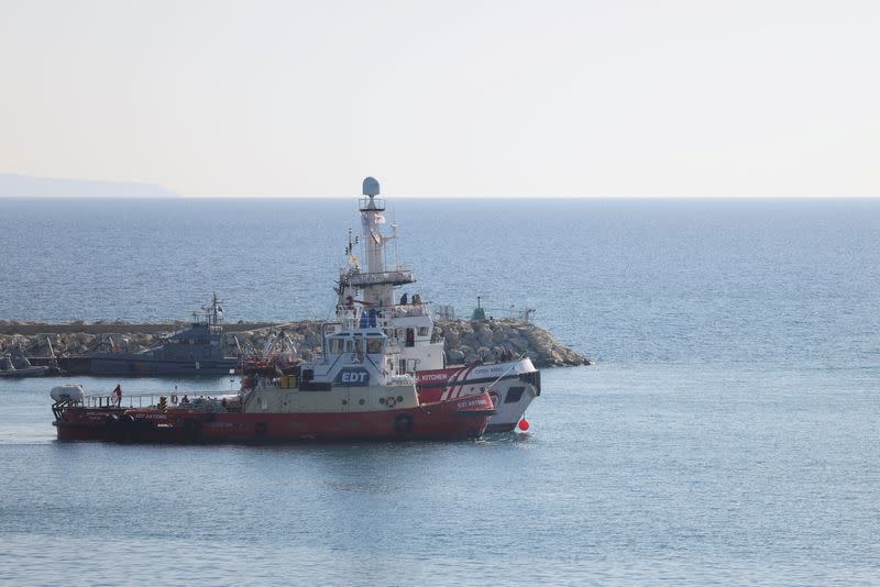 FILE PHOTO: Rescue vessel Open Arms departs from the port of Larnaca with humanitarian aid for Gaza