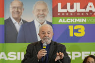 Brazil's former President Luiz Inacio "Lula" da Silva, who is running for reelection, gives a statement to the media in Sao Paulo, Brazil, Monday, Oct. 3, 2022. Da Silva will face Brazilian President Jair Bolsonaro in a presidential runoff on Oct. 30. (AP Photo/Andre Penner)