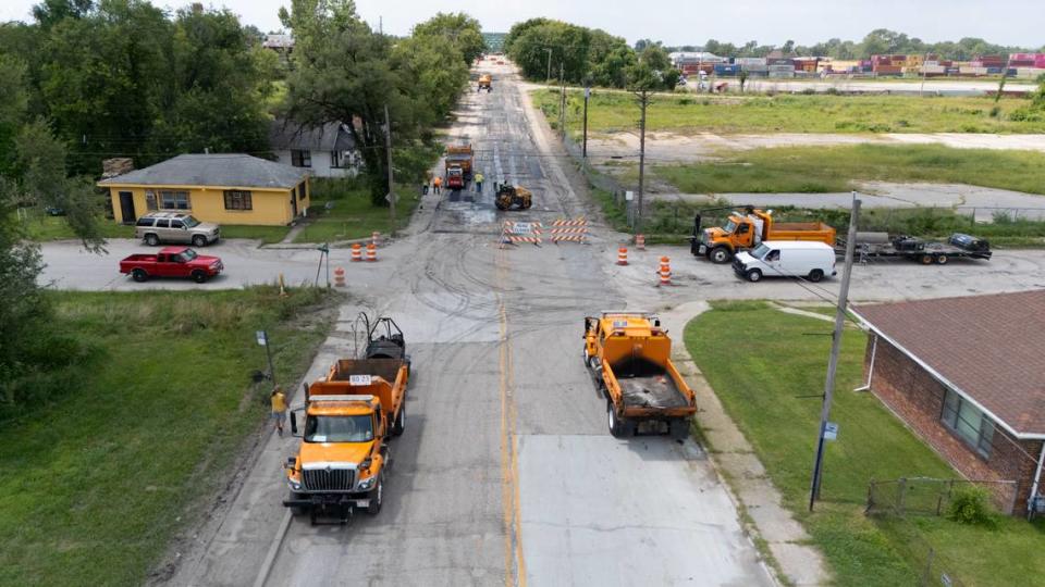 Scene of construction along a bridge on 26th Street in East St. Louis on July 22, 2024. It’s been closed since April after a truck struck supporting trusses. Illinois Department of Transportation officials closed the bridge as a safety precaution, until it can be fixed.