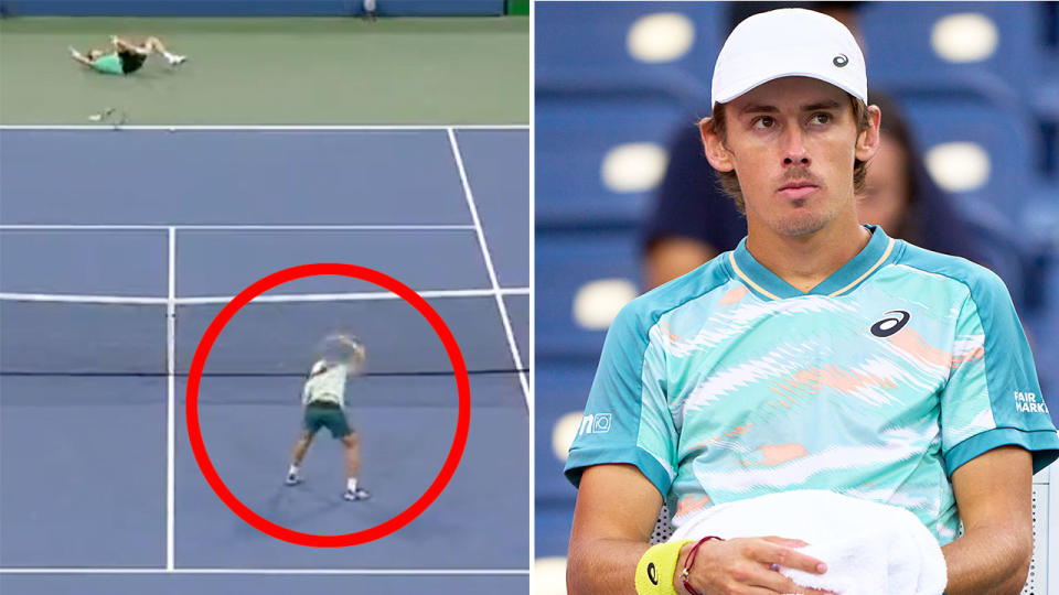 Pictured here, Alex de Minaur smashing a racquet after his third round loss to Pablo Carreno Busta at the US Open.