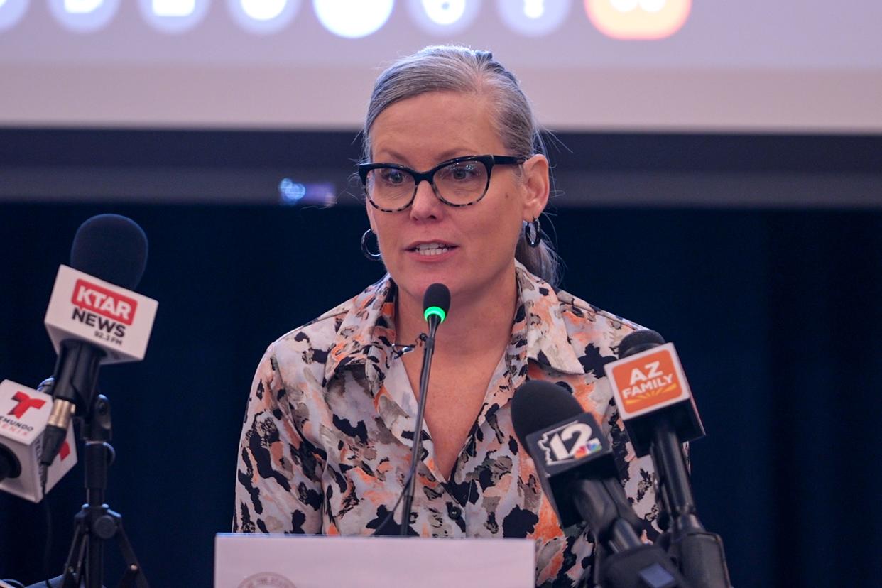 Gov. Katie Hobbs attends a Bipartisan Elections Task Force meeting in Phoenix on Oct. 24, 2023.