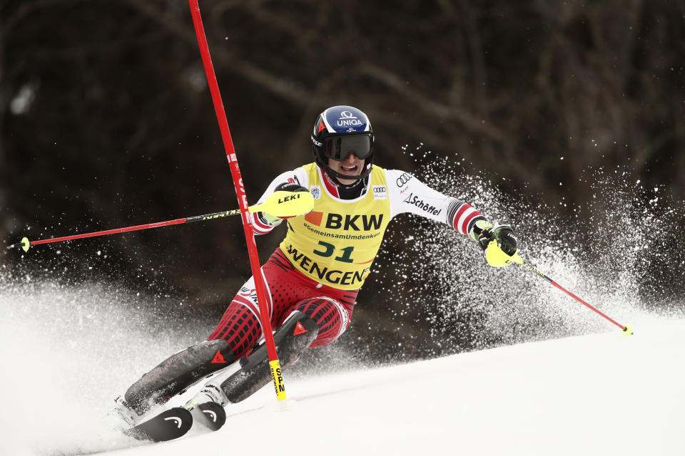 Austria's Matthias Mayer competes during the second run of an alpine ski, men's World Cup combined in Wengen, Switzerland, Friday, Jan. 17, 2020. (AP Photo/Gabriele Facciotti)