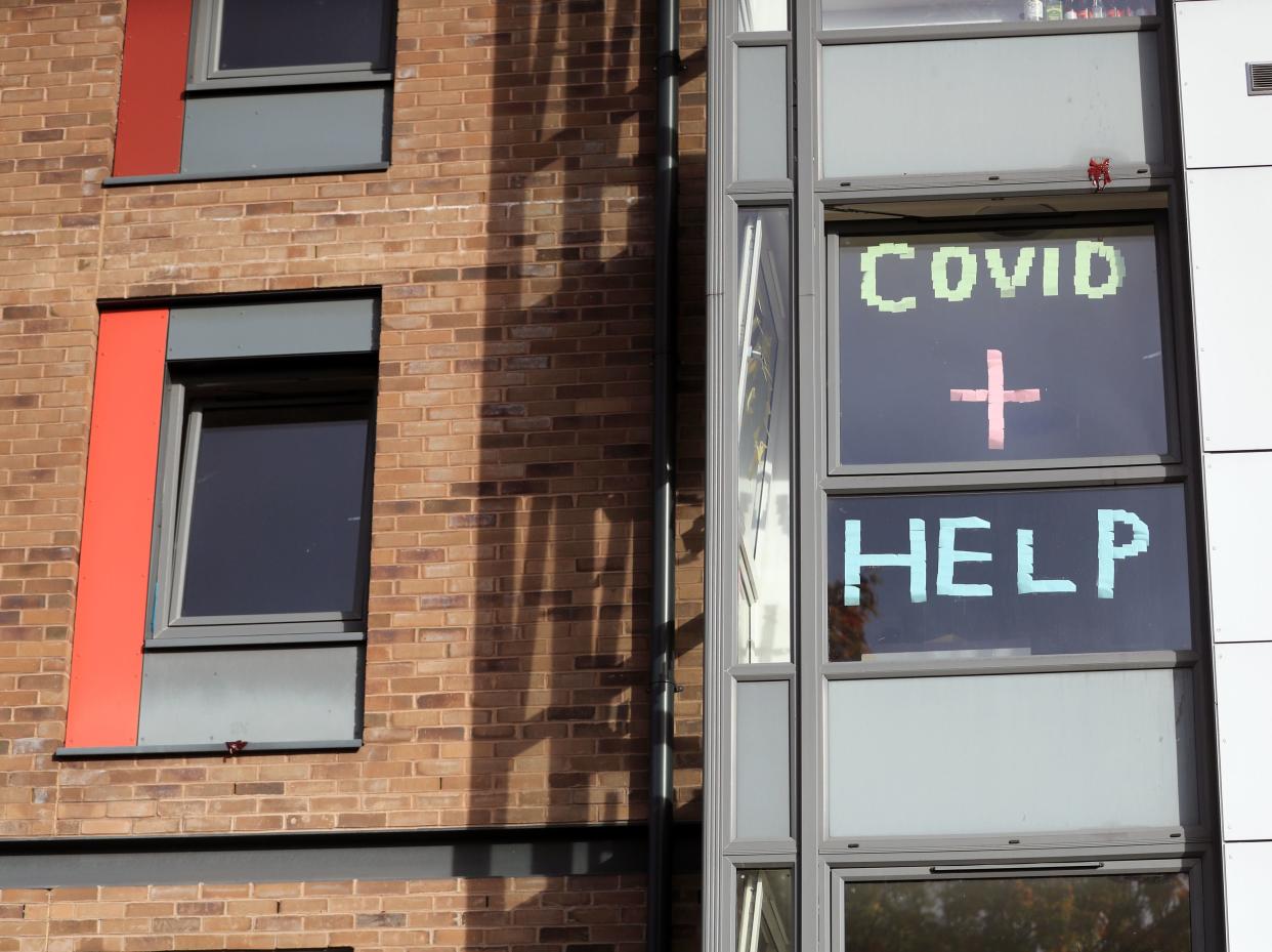 A sign in the window of the student accommodation at Nottingham Trent University in Nottingham (PA)