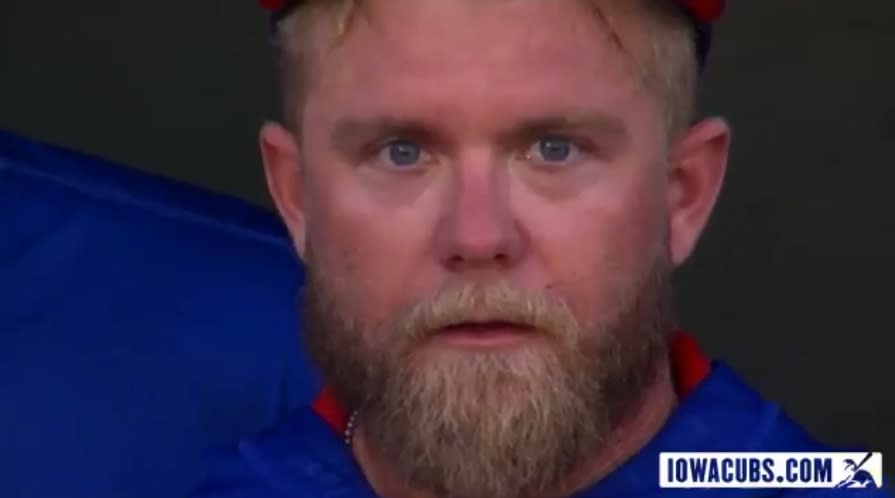 A close-up of Taylor Davis’ zombie stare. (Twitter/@IowaCubs)