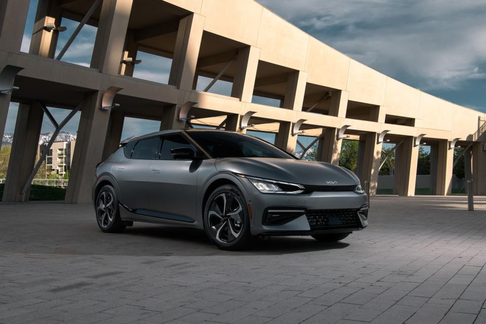 <p>The 2022 Kia EV6 is the company's first dedicated EV, and the striking crossover is built on the same Electric-Global Modular Platform (E-GMP) that will underpin a slew of new <a href="https://www.caranddriver.com/kia" rel="nofollow noopener" target="_blank" data-ylk="slk:Kia;elm:context_link;itc:0;sec:content-canvas" class="link ">Kia</a> EVs. With an estimated range of up to 310 miles and quick charging rates thanks to its 800-volt architecture, the EV6 is an example of the expanding choices and capabilities of the latest electric vehicles. It also offers two different batteries, rear- or all-wheel drive, and between 167 and 576 horsepower. The latter applies to the <a href="https://www.caranddriver.com/news/a35978496/2022-kia-ev6-gt-specs-revealed/" rel="nofollow noopener" target="_blank" data-ylk="slk:range-topping EV6 GT;elm:context_link;itc:0;sec:content-canvas" class="link ">range-topping EV6 GT</a>, which allegedly can accelerate from zero to 60 mph in under 3.5 seconds. The 2022 EV6's assertive bodywork and attractive cabin make it more interesting than its unimaginative name suggests.</p><p><a class="link " href="https://www.caranddriver.com/kia/ev6" rel="nofollow noopener" target="_blank" data-ylk="slk:Review, Pricing, and Specs;elm:context_link;itc:0;sec:content-canvas">Review, Pricing, and Specs</a></p>