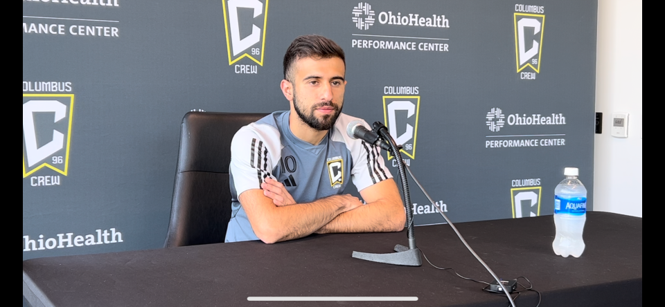 Columbus Crew designated player Diego Rossi speaks with reporters on August 17, 2023.