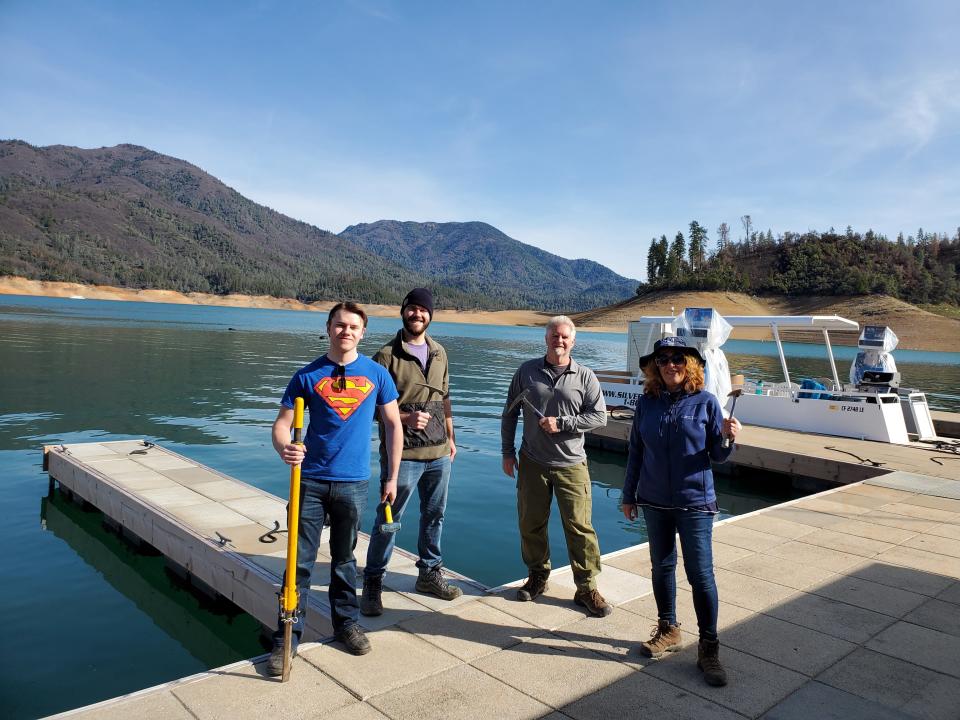 A team of paleontologists and volunteers visited Lake Shasta to look for ammonite fossils on Tuesday, March 24, 2021. Left to right: Volunteers David Henderson and John Duffy, geologist Dennis Veich and paleontologist Jodi Summers.