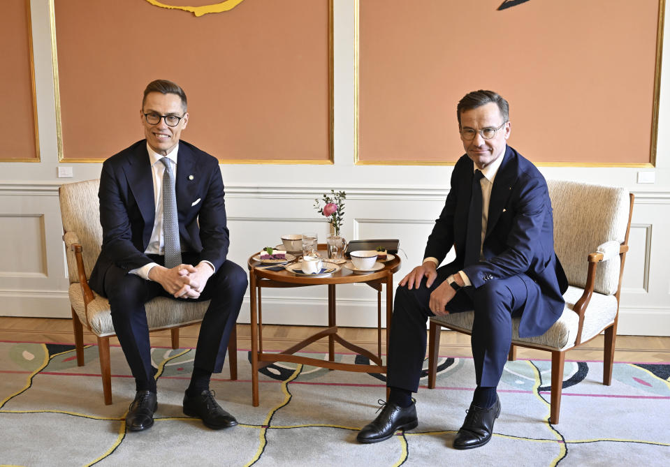 President of Finland Alexander Stubb, left, meets with Sweden's Prime Minister Ulf Kristersson at the government headquarters Rosenbad in Stockholm, on the occasion of Stubb's two-day visit to Sweden, Tuesday, April 23, 2024. (Henrik Montgomery/TT News Agency via AP)