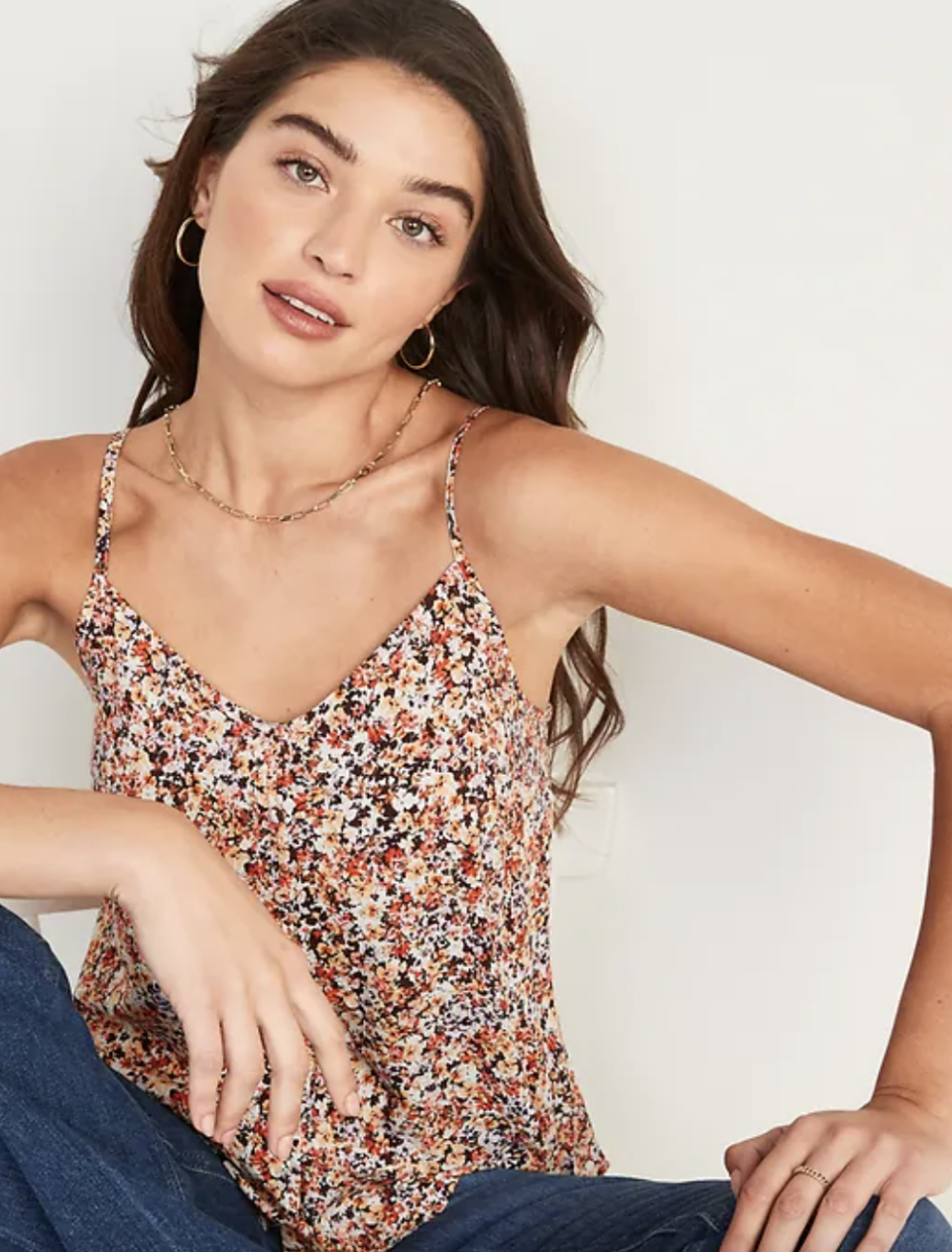 brunette model in Floral-Print Button-Front Cami Top (Photo via Old Navy)