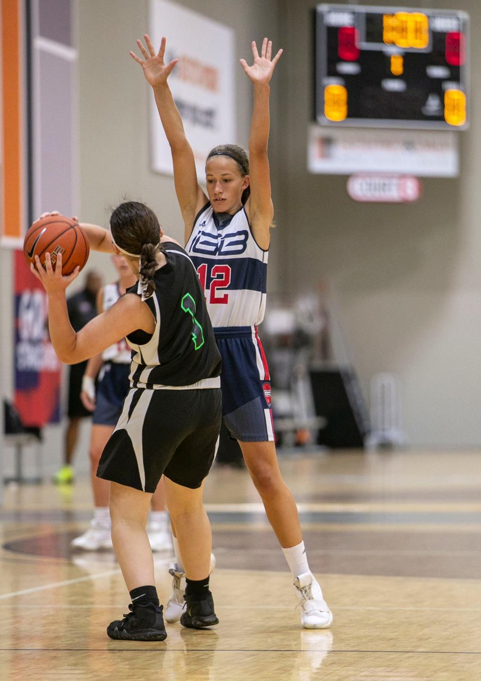 Incoming freshman guard at Noblesville High School, Ashlynn Shade guards the ball at Grand Park Pacers Athletic Center, Westfield, IN, Friday, July 19, 2019. 