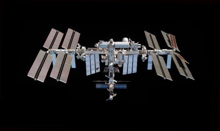 The International Space Station as seen from below by astronauts aboard a departing Crew Dragon spacecraft. / Credit: NASA
