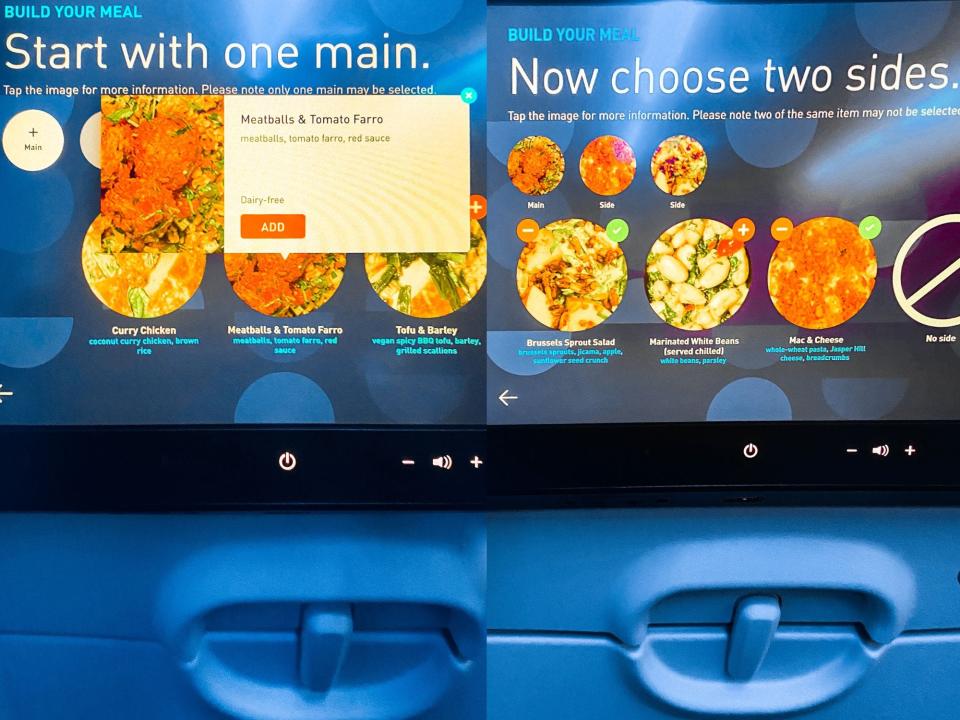Side by side photos of blue seatback flight screens showing menu items