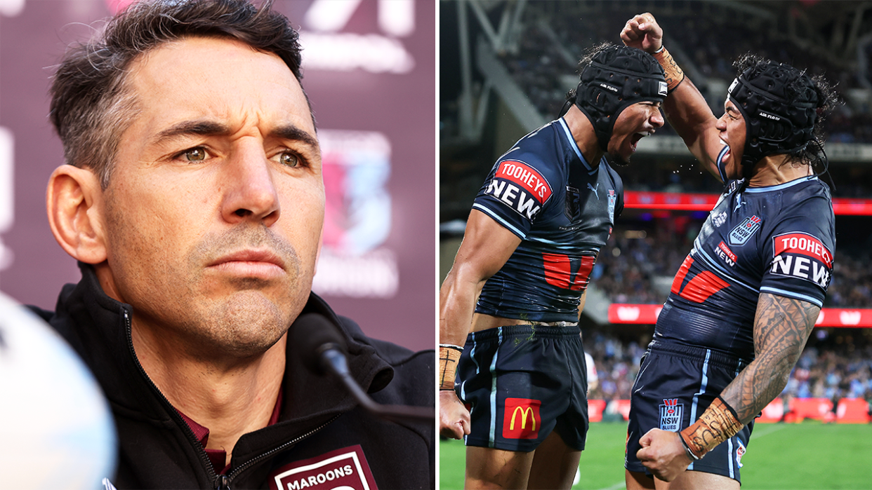 Billy Slater looks on and Stephen Crichton celebrates with Brian To'o in State of Origin.