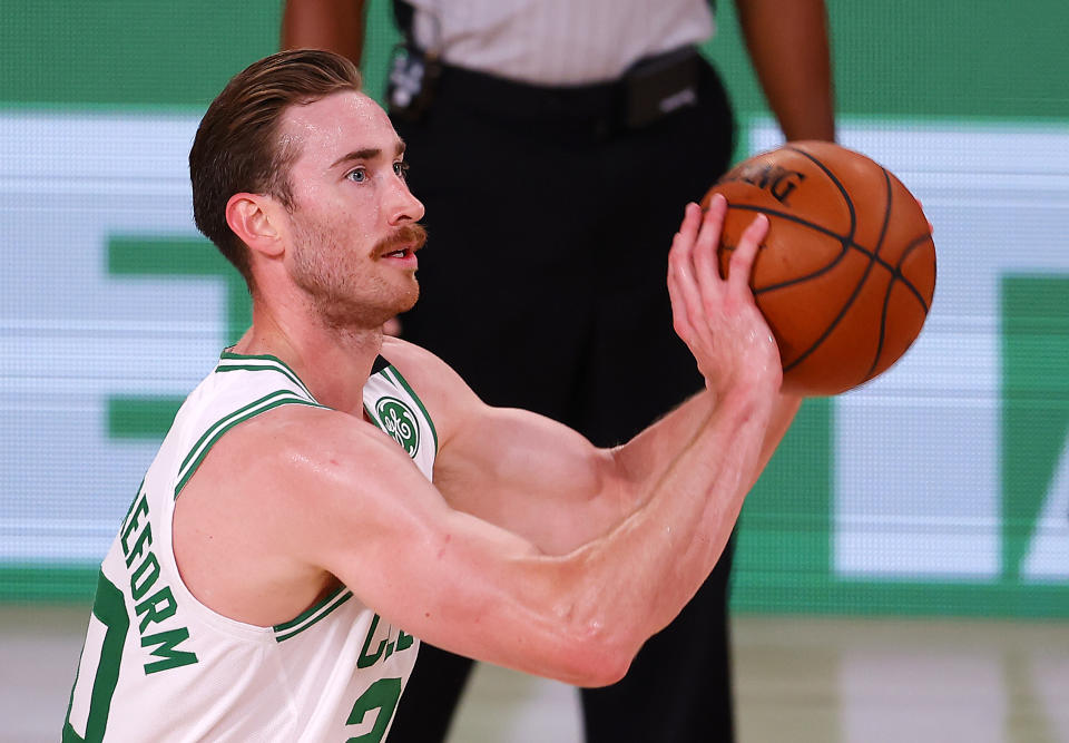 Gordon Hayward #20 of the Boston Celtics shoots the ball during the third quarter after the game at The Arena at ESPN Wide World Of Sports Complex.