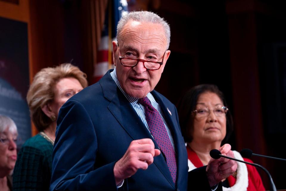 PHOTO: Senate Majority Leader Chuck Schumer speaks during a news conference at the Capitol in Washington, June 18, 2024.  (J. Scott Applewhite/AP)