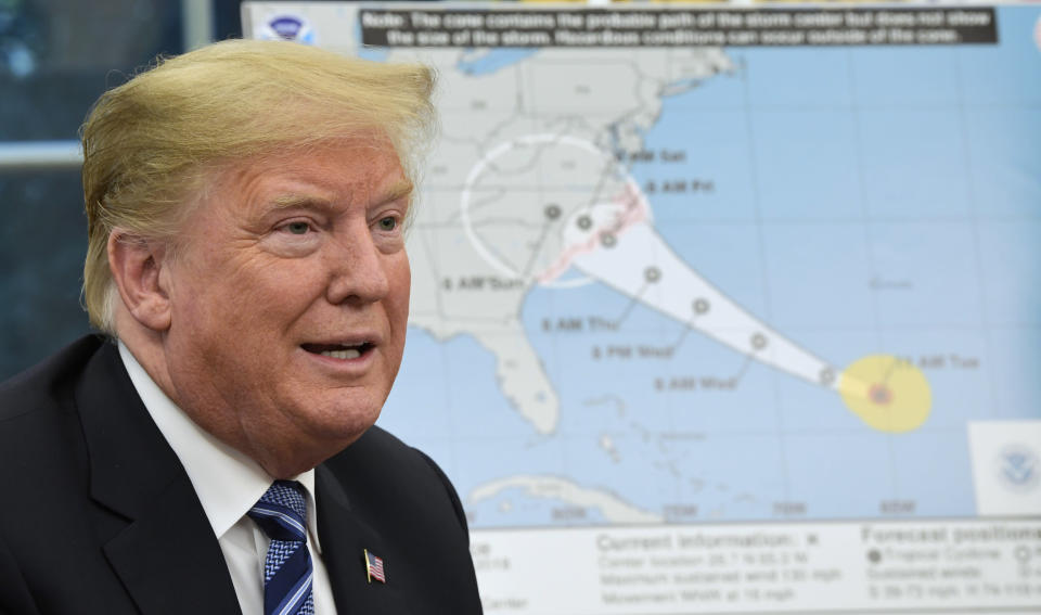 <p> President Donald Trump talks about Hurricane Florence following a briefing in the Oval Office of the White House in Washington, Tuesday, Sept. 11, 2018. (AP Photo/Susan Walsh) </p>