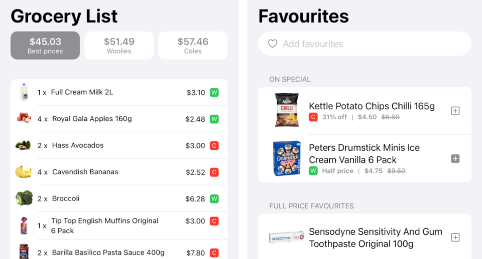 Screenshot of the UpUp app comparing Woolworths and Coles prices