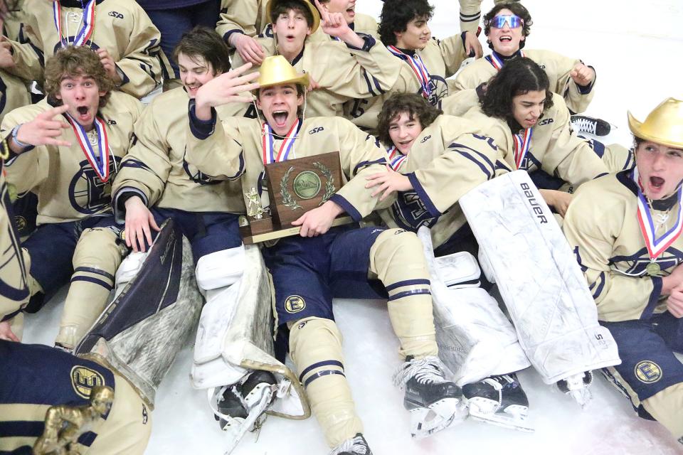 The Essex Hornets ham it up during the team photo after their 2-0 win over Rice in the D1 state championship game on Wednesday night at UVM's Gutterson Fieldhouse.