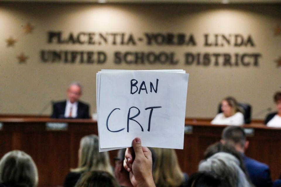 The Placentia Yorba Linda School Board discusses a proposed resolution to ban teaching critical race theory in schools. (Photo: Robert Gauthier/Los Angeles Times via Getty Images)