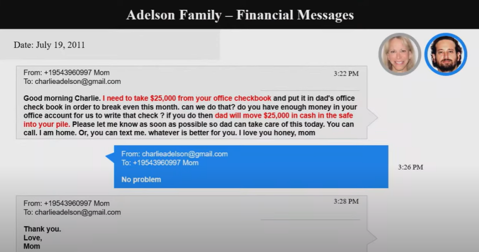 Text messages between Donna Adelson and her son Charlie Adelson references piles of cash that the family kept in a safe. The messages were introduced into evidence late last month by prosecutors in Charlie Adelson's murder trial.