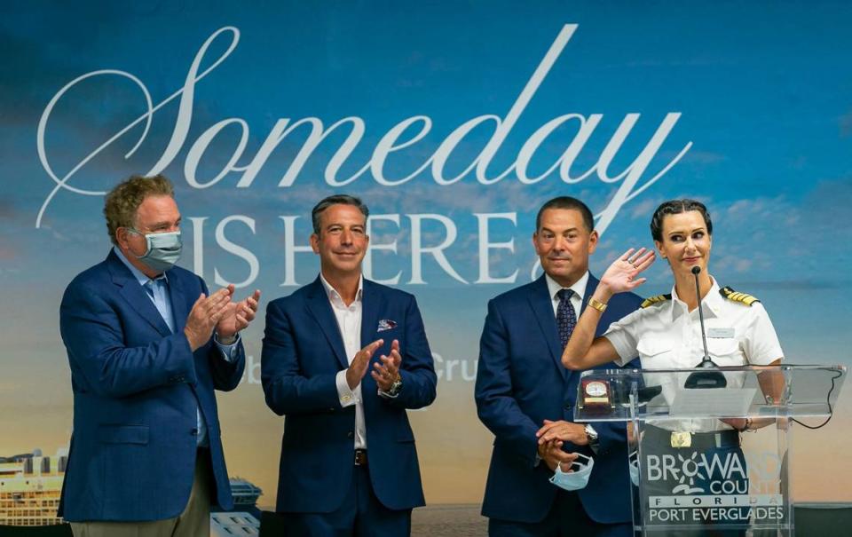 From left to right: Richard Fain, Chairman and CEO of Royal Caribbean Group, Brian Abel, Senior Vice President of Hotel Operations with Celebrity Cruises, Michael Udine, Vice Mayor of Broward County and Celebrity Edge Captain Kate McCue attend a press conference at Port Everglades in Fort Lauderdale, Florida on Saturday, June 26, 2021. The presser was held before Royal Caribbean’s Celebrity Edge cruise ship departed from Port Everglades Saturday making it the first cruise ship sailing with guests from a U.S. port in over 15 months.