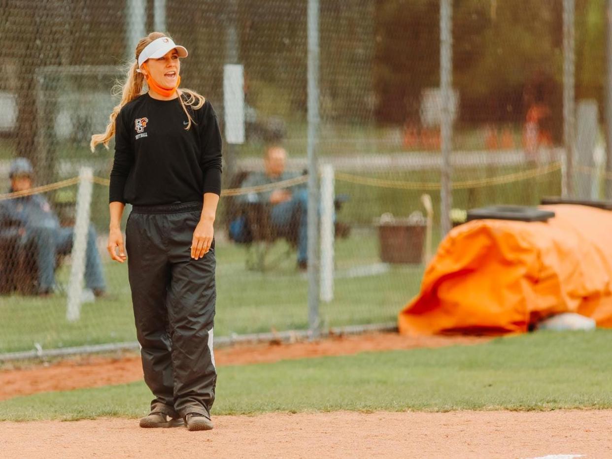 Sarah Willis is shown coaching the Bowling Green softball team. She was hired at the 11th coach in Bradley history on June 6, 2022.