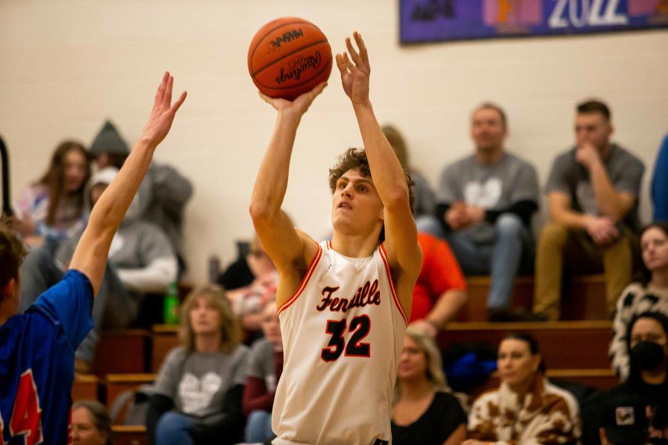 Fennville's Tyler Schut takes a three during the third quarter against Saugatuck Friday, Feb. 18, 2022, at Fennville High School. 