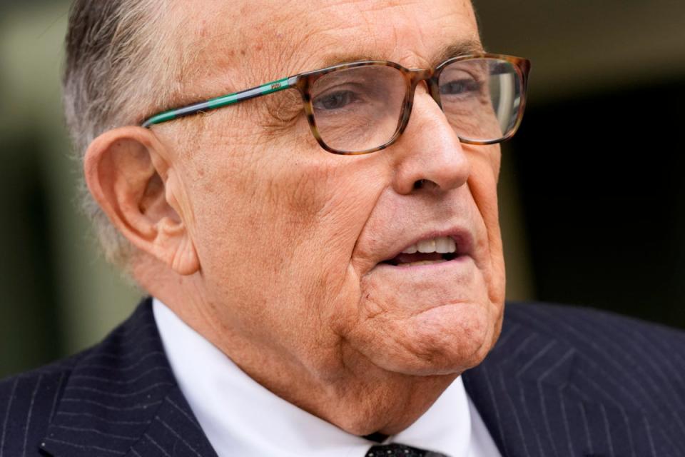 Rudy Giuliani speaks with reporters as he departs the federal courthouse, May 19, 2023, in Washington. (Copyright 2023 The Associated Press. All rights reserved.)