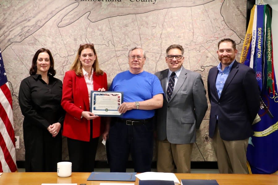 Cumberland County resident Richard Arnold stands with the Cumberland County Board of Elections at the Pennsylvania Voter Hall of Fame Induction on Tuesday, May 7. (Photo Courtesy Cumberland County)