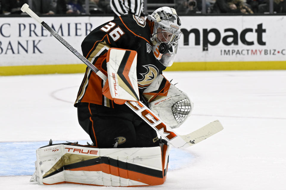 Anaheim Ducks goaltender John Gibson blocks an Edmonton Oilers shot during the second period of an NHL hockey game in Anaheim, Calif., Friday, Feb. 9, 2024. (AP Photo/Alex Gallardo)