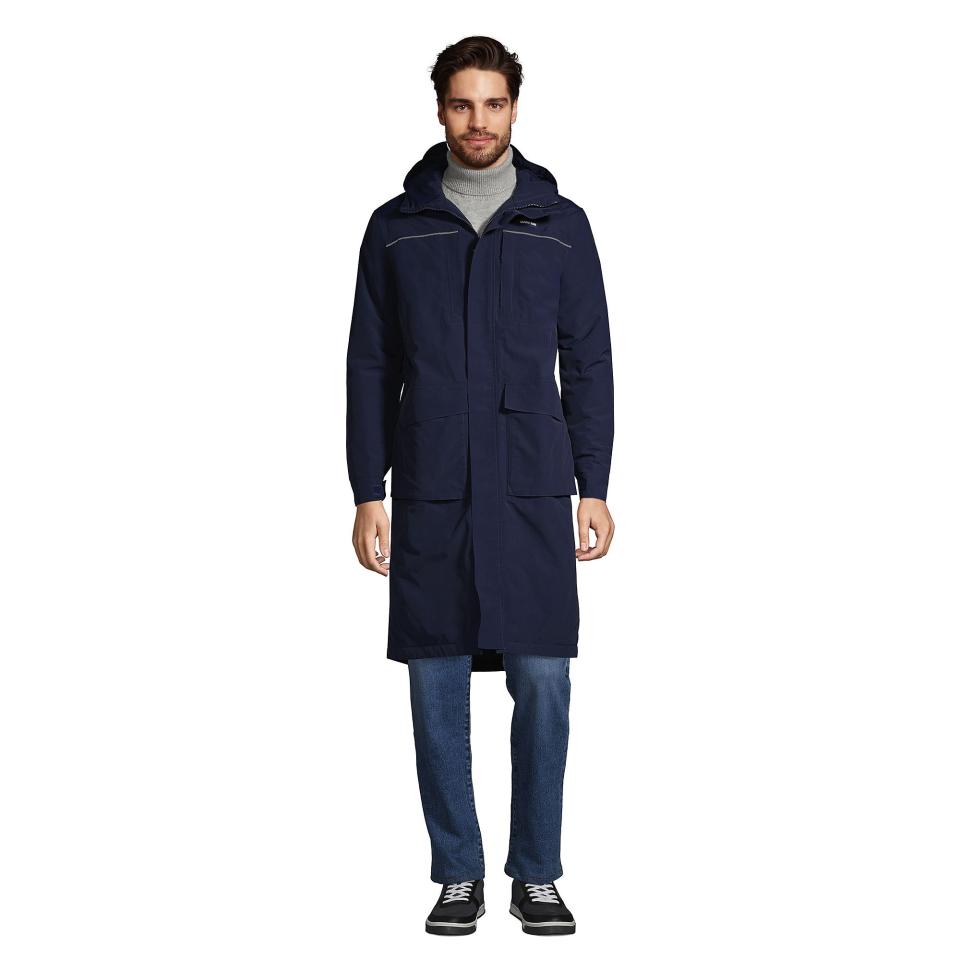 long navy coat with hood