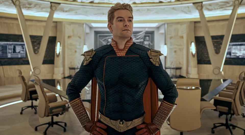 A blonde man in a superhero suit; still from "The Boys"