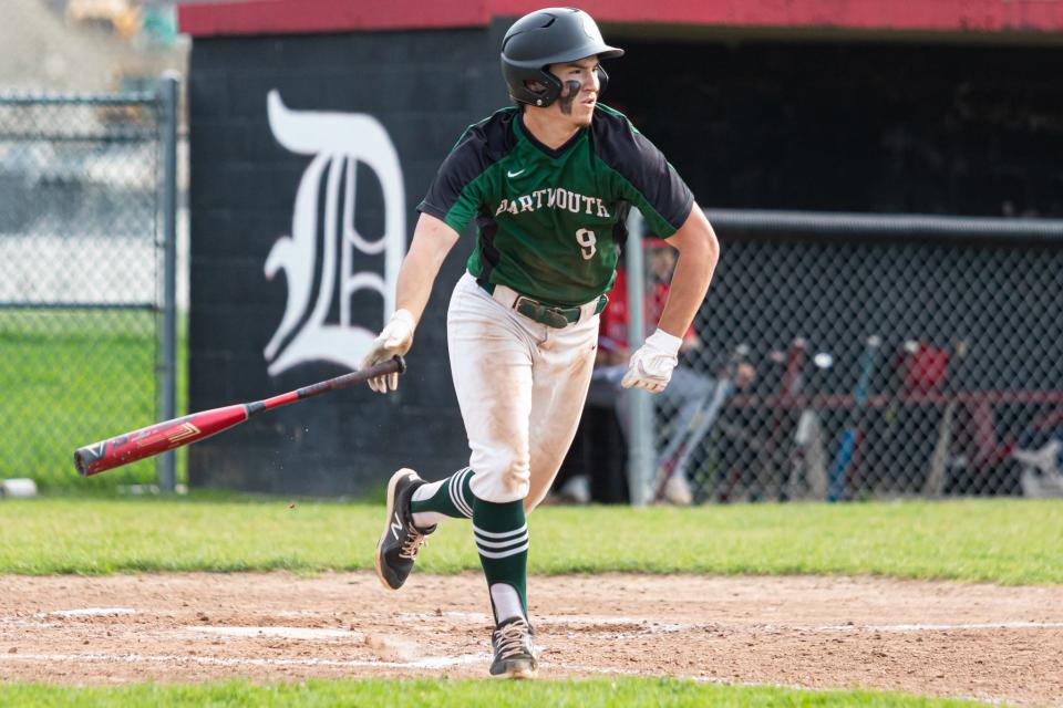 Dartmouth’s Harvey Berube eyes his solo homer on Friday against Durfee. 