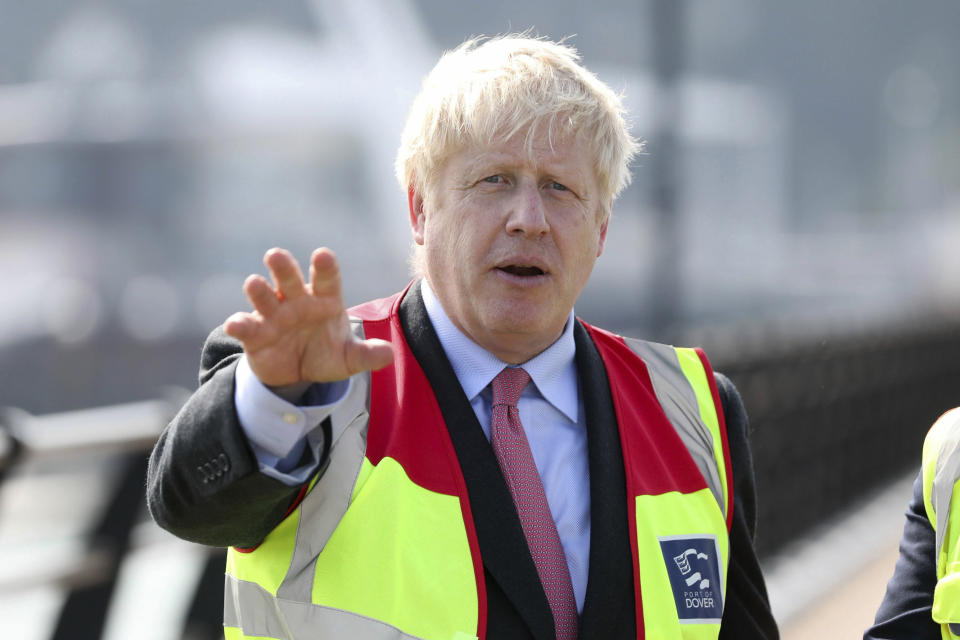 Britain's Conservative Party leadership candidate Boris Johnson during a visit to the port of Dover, southeast England, while on the campaign trail, Thursday July 11, 2019. The two contenders, Jeremy Hunt and Boris Johnson are competing for votes from party members, with the winner replacing Prime Minister Theresa May as party leader and Prime Minister of Britain's ruling Conservative Party. (Chris Ratcliffe/Pool via AP)