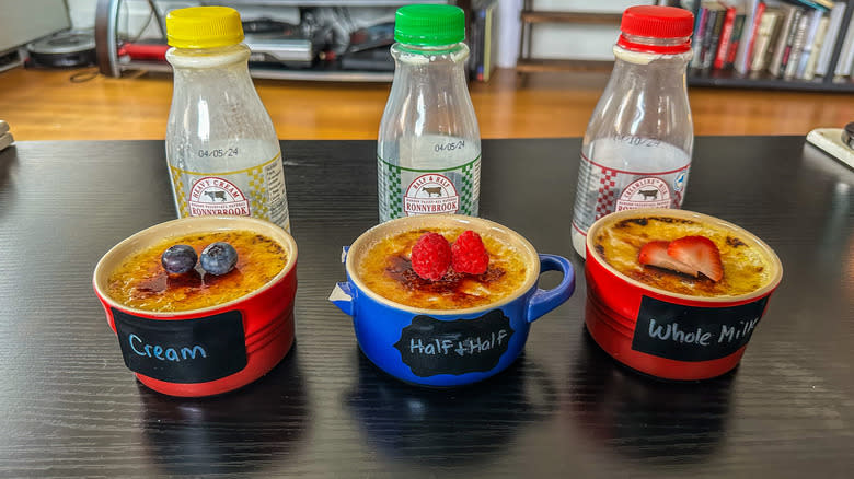 three creme brulees with milk bottles