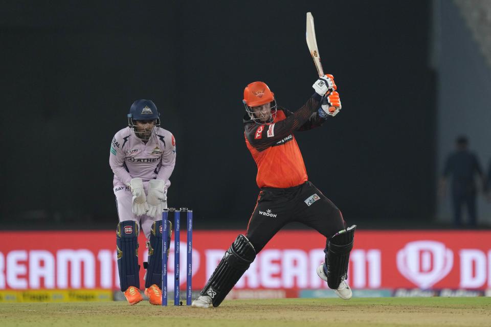 Sunrisers Hyderabads' Heinrich Klaasen plays a shot during the Indian Premier League cricket match between Gujarat Titans and Sunrisers Hyderabad in Ahmedabad, India, Monday, May 15, 2023. (AP Photo/Ajit Solanki)