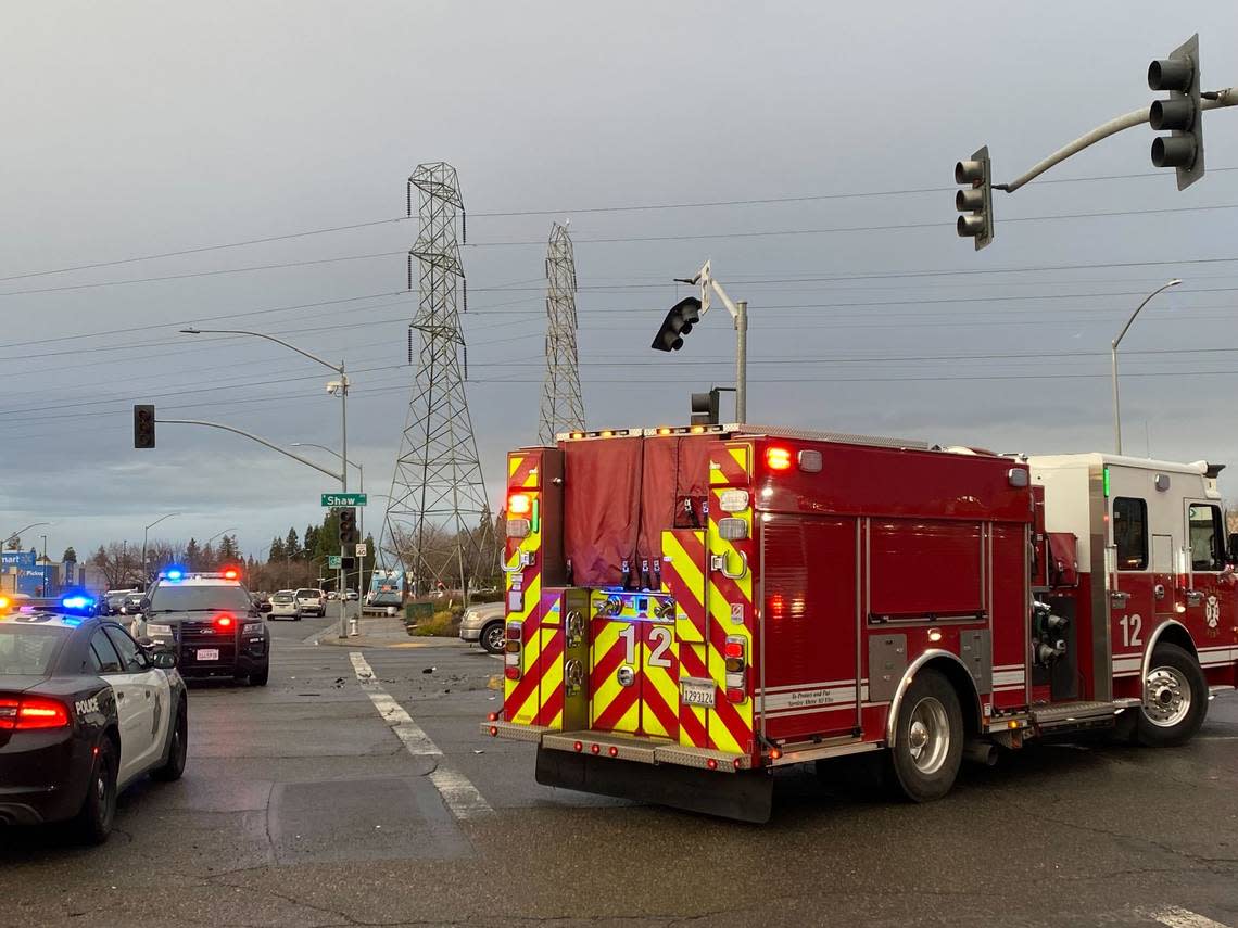 First responders check on a two-vehicle collision at Shaw and Brawley avenues, where the traffic lights were out. The injuries appear to be a minor, and traffic was backed up on Shaw.