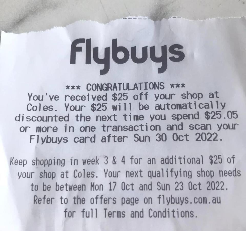 A Coles receipt with a $25 reward at the top