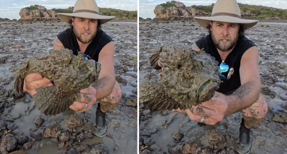 Aussie fisherman Jimmy Prymal holding the stonefish he found at Cape Hillsborough in Mackay.