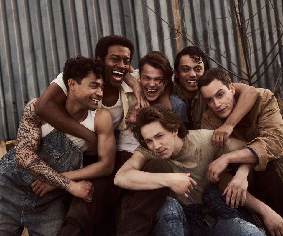 The original Broadway cast of the new musical "The Outsiders" includes, from left, Daryl Tofa as Two-Bit Mathews, Joshua Boone as Dallas Winston, Jason Schmidt as Sodapop Curtis, Sky Lakota-Lynch as Johnny Cade, Brent Comer as Darrel Curtis, with Brody Grant in front starring as Ponyboy Curtis.