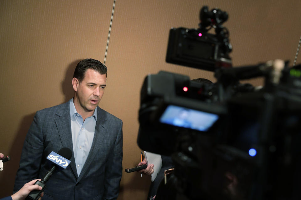 New York Mets general manager Brodie Van Wagenen speaks during a media availability during the Major League Baseball general managers annual meetings, Tuesday, Nov. 12, 2019, in Scottsdale, Ariz. (AP Photo/Matt York)