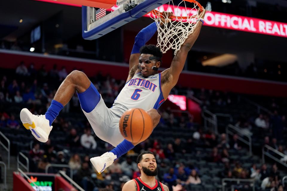 Detroit Pistons guard Hamidou Diallo dunks during the first half of an NBA basketball game against the Toronto Raptors, Friday, Jan. 14, 2022, in Detroit.