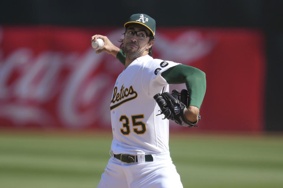 Oakland Athletics pitcher Joe Boyle works against the Detroit Tigers during the first inning of a baseball game in Oakland, Calif., Saturday, Sept. 23, 2023. (AP Photo/Jeff Chiu)