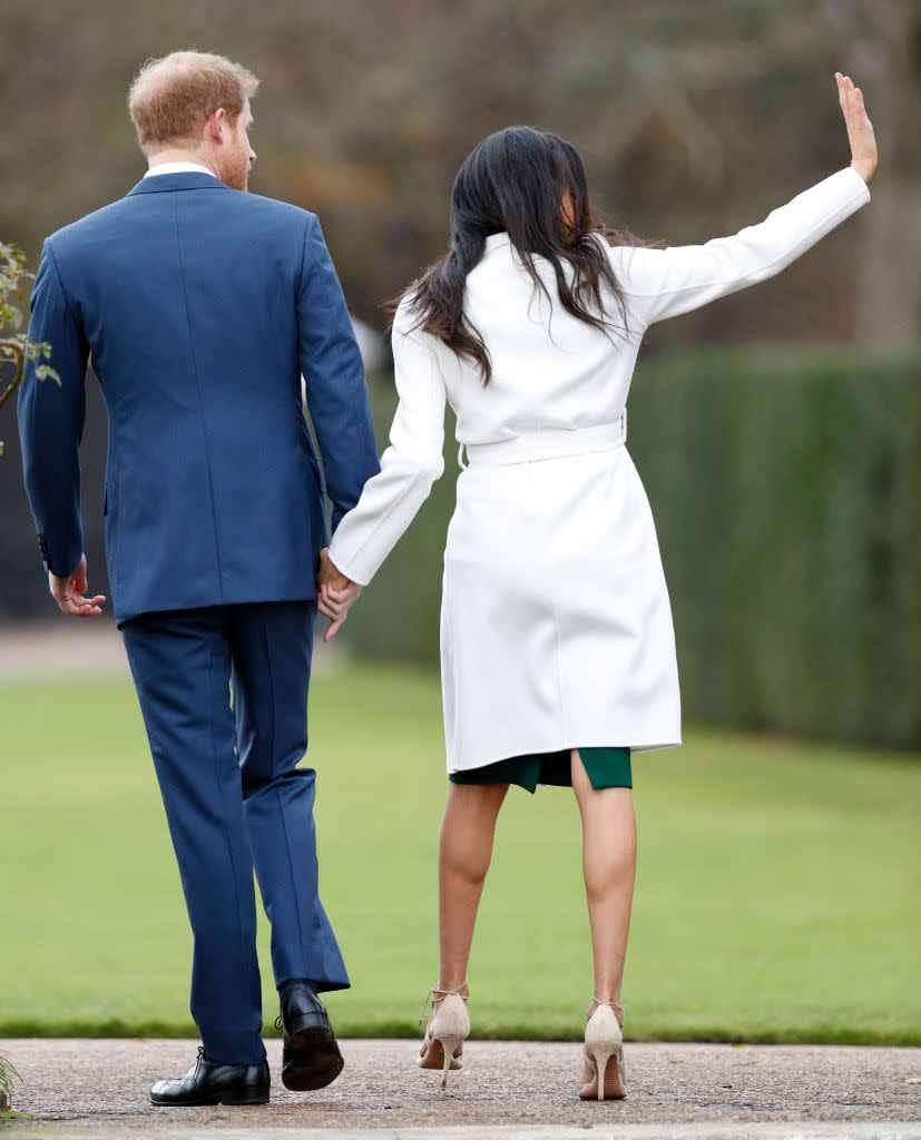 <p>According to<a rel="nofollow noopener" href="https://www.thecut.com/2017/11/meghan-markle-panty-hose-movement.html" target="_blank" data-ylk="slk:The Cut;elm:context_link;itc:0;sec:content-canvas" class="link "> The Cut</a>, there’s an unspoken rule among royals that dictate women wear hosiery. Queen Elizabeth has been wearing pantyhose for 91 years, while Kate Middleton prefers glossy, sheer nylons. Meghan bravely decided to keep her legs bare, perhaps another sign that the royal family is becoming modern. <em>(Photo: Getty)</em> </p>