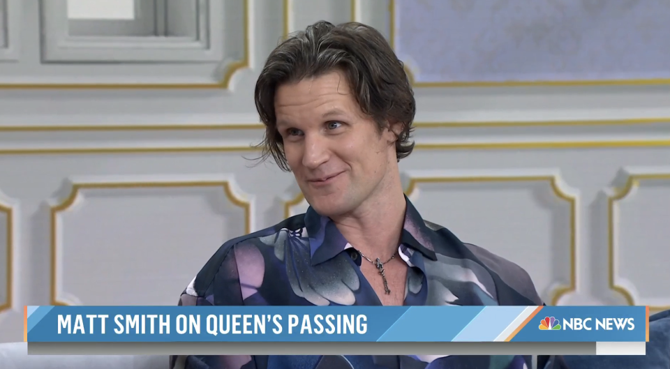 Matt on the Today show with the caption "Matt Smith on Queen's passing"