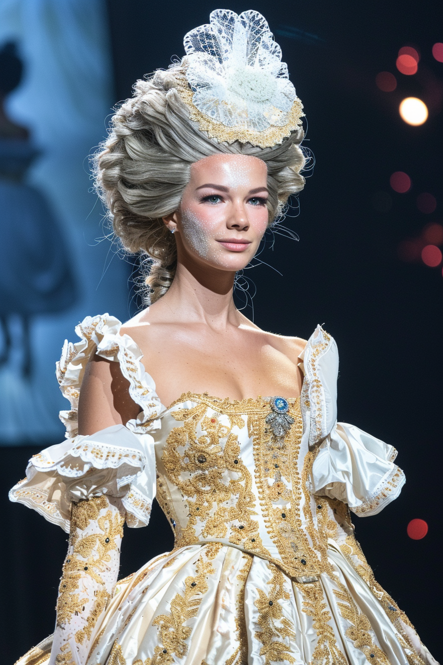 Woman in an elaborate period costume with a laced corset bodice and puffy sleeves